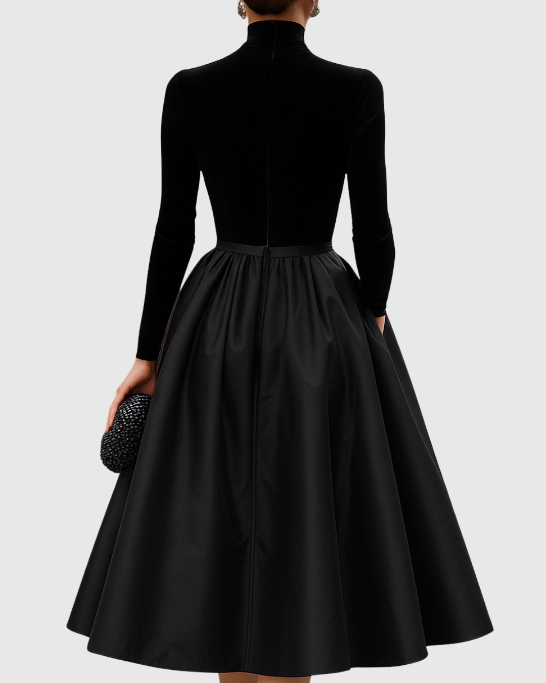 ARADIA | ELEGANT BLACK VELVET AND SATIN MIDI DRESS