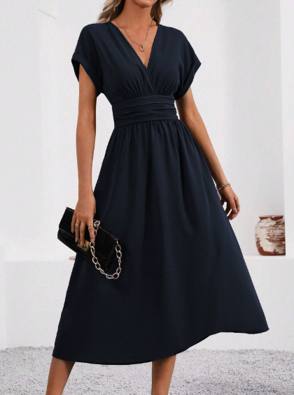 LUCYNDRA | V-NECK PLEATED WAIST MIDI DRESS